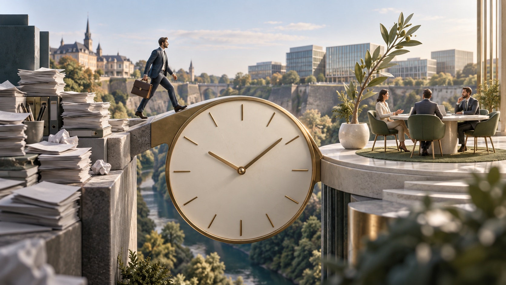 Illustration conceptuelle au Luxembourg : une horloge forme un pont entre des dossiers administratifs et une réunion de développement.